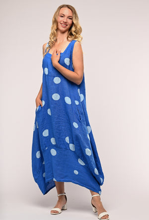 BLUE POLKA FRENCH LINEN MAXI DRESS